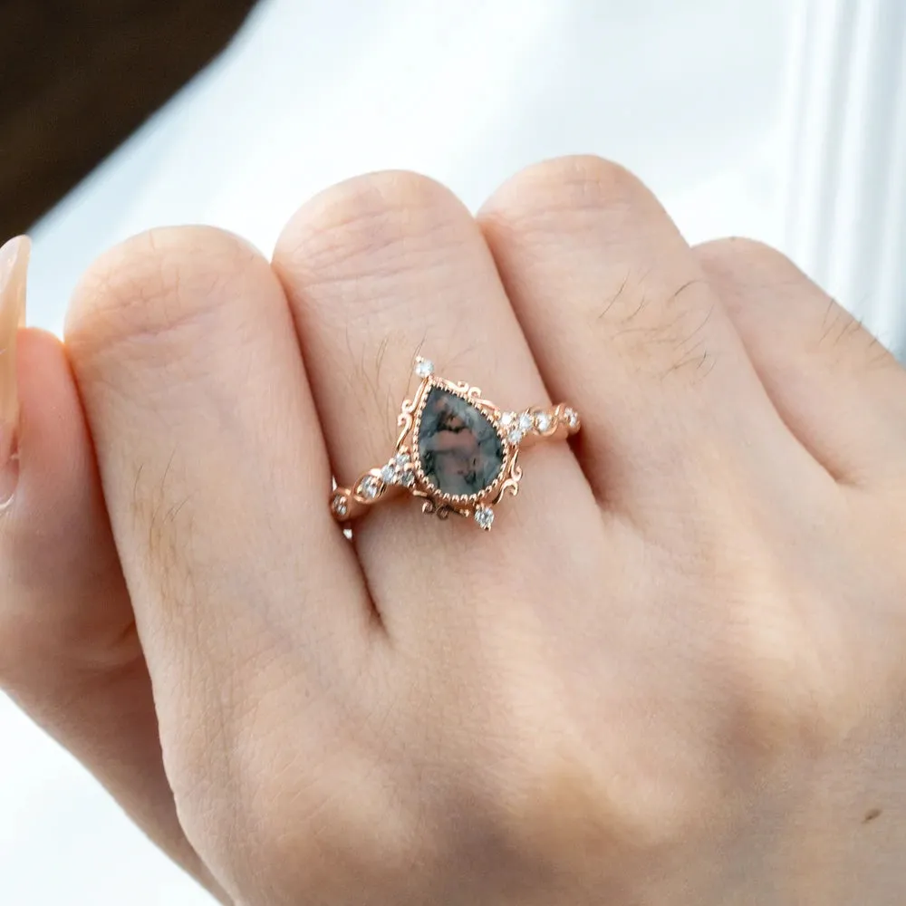 Handcrafted Pear Cut Moss Agate Engagement Rings – Vintage Bezel Set Ring