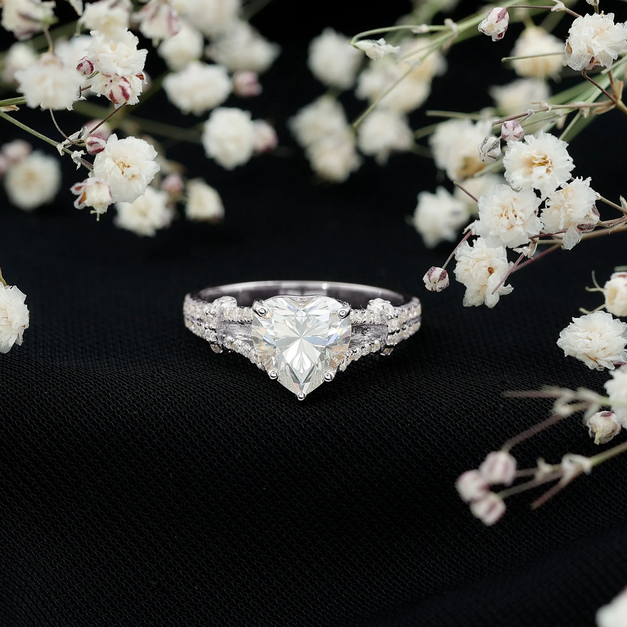 Heart Shape Moissanite Solitaire Engagement Ring in Split Shank