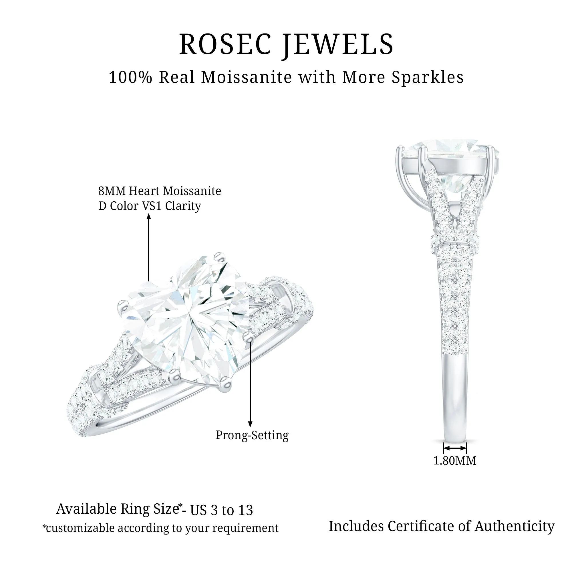 Heart Shape Moissanite Solitaire Engagement Ring in Split Shank