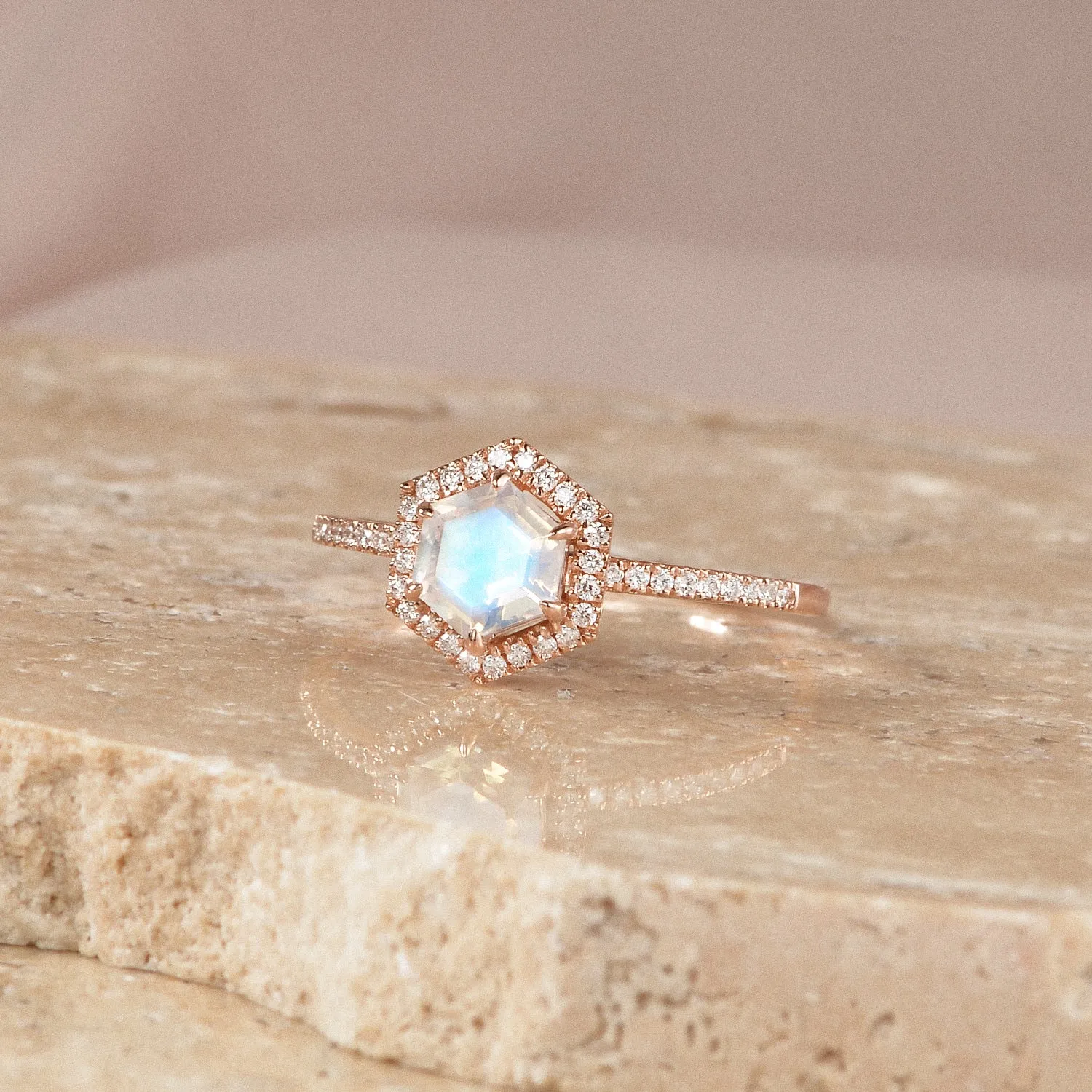 Hexagon Moonstone & Moissantie Halo Ring