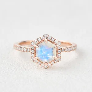 Hexagon Moonstone & Moissantie Halo Ring