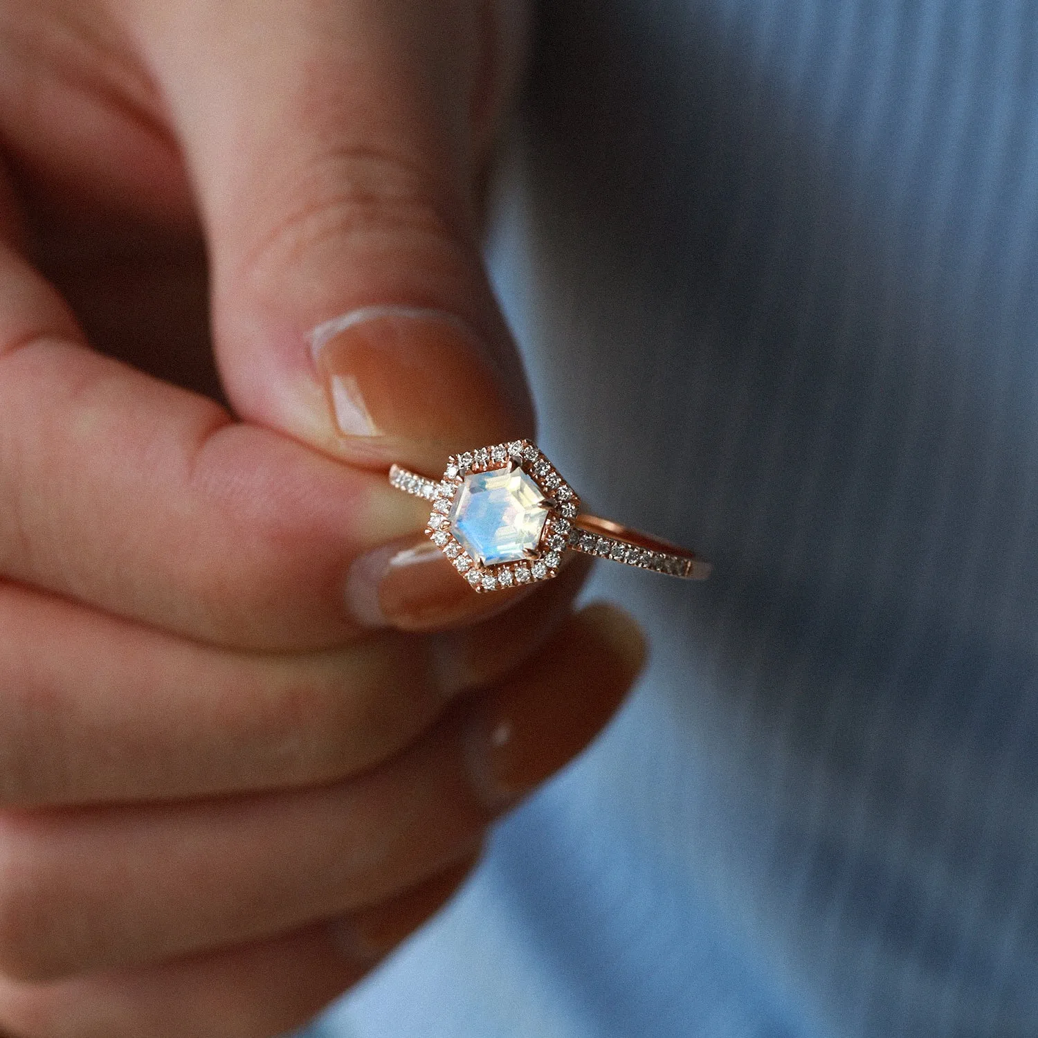 Hexagon Moonstone & Moissantie Halo Ring