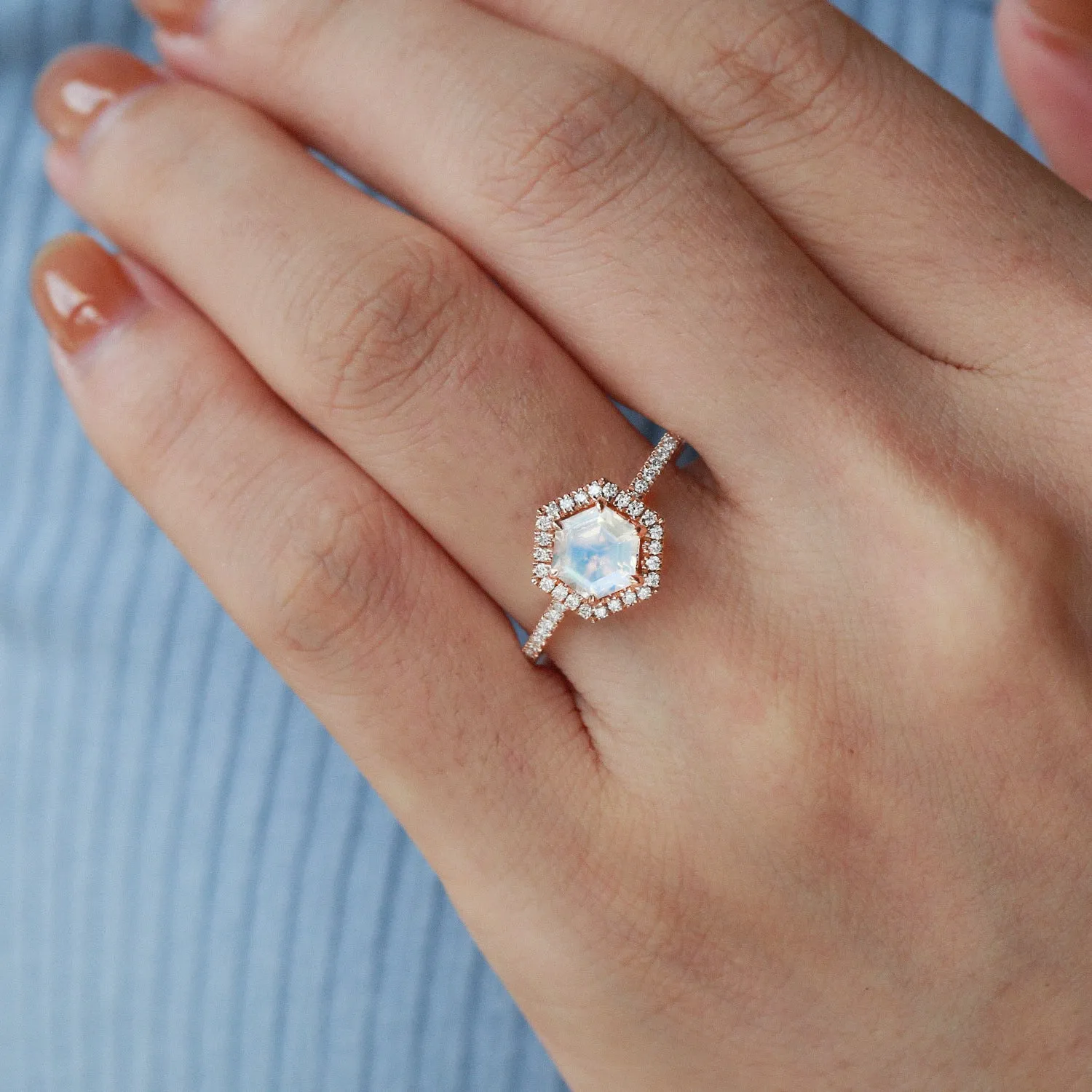 Hexagon Moonstone & Moissantie Halo Ring