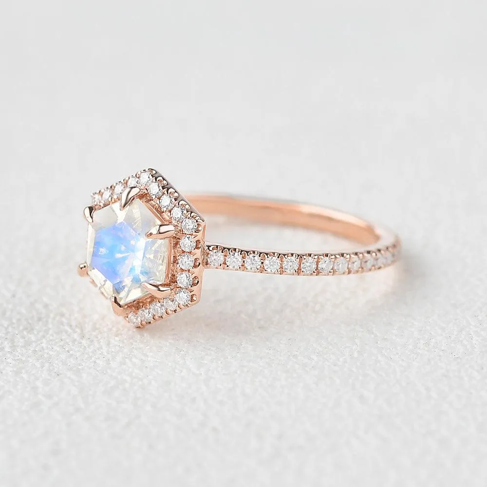 Hexagon Moonstone & Moissantie Halo Ring