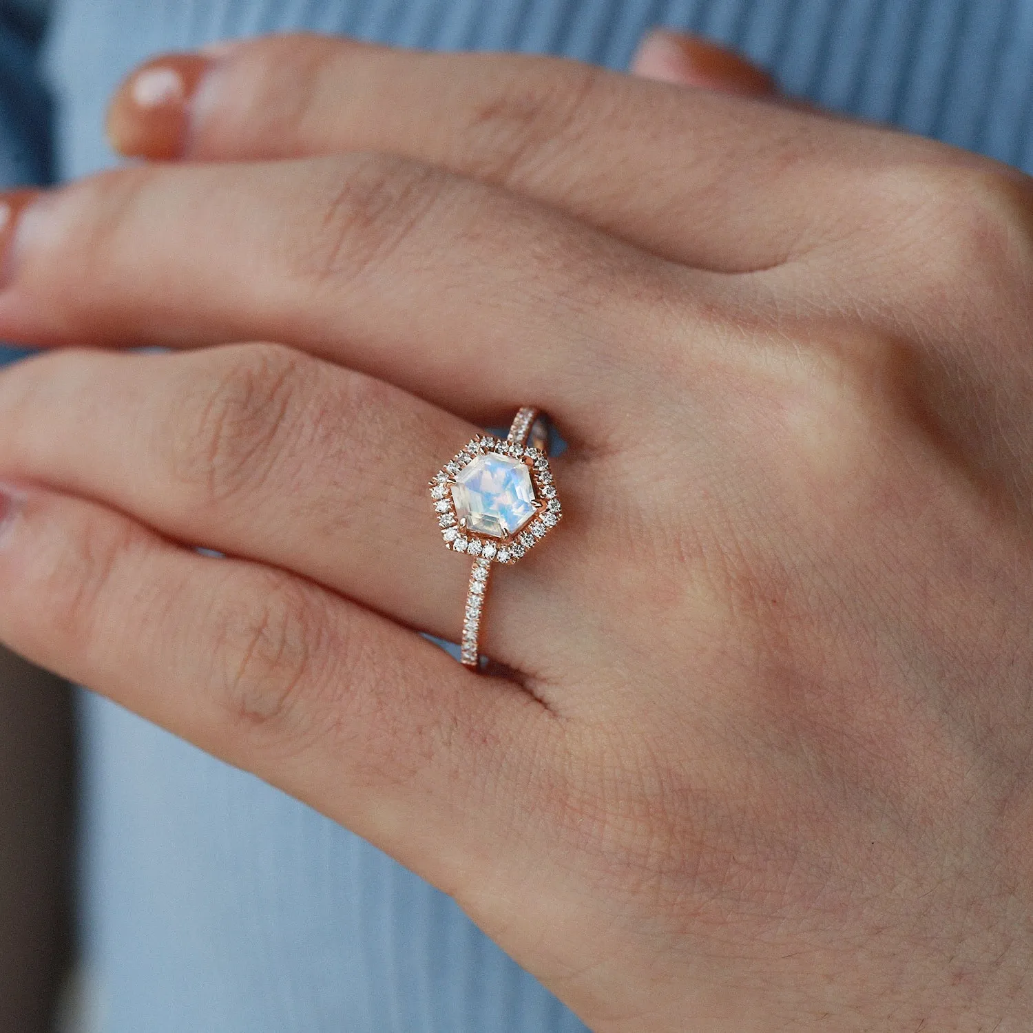 Hexagon Moonstone & Moissantie Halo Ring