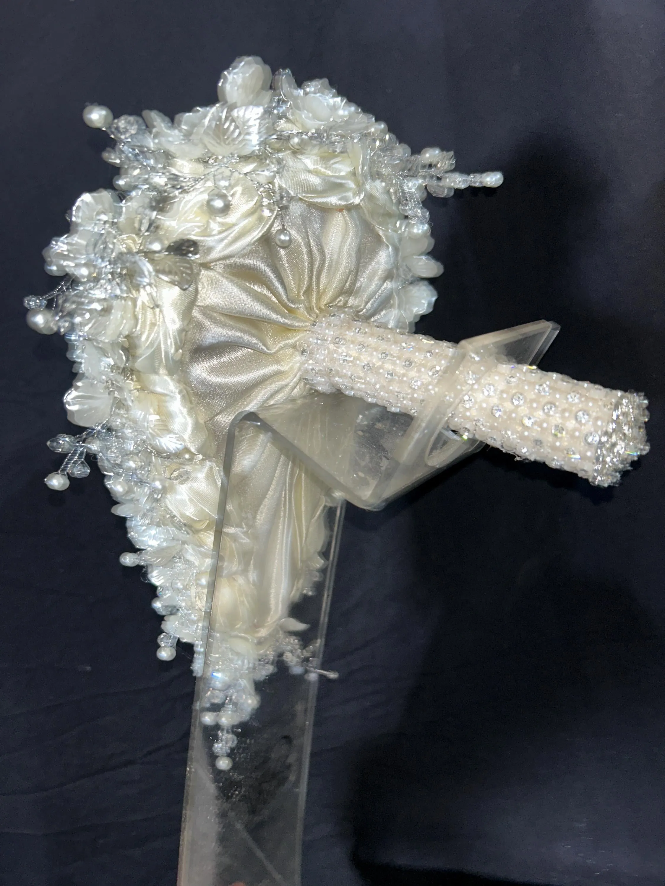 Ivory flower bouquet, rhinestone bridal flowers , any colour satin roses and pearls Luxury brides bouquet by Crystal Wedding UK