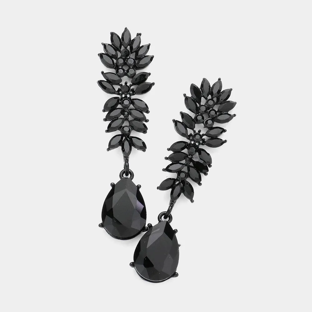 Jet Black Crystal Stone Cluster Dangle Pageant Earrings | Prom Earrings |  382451