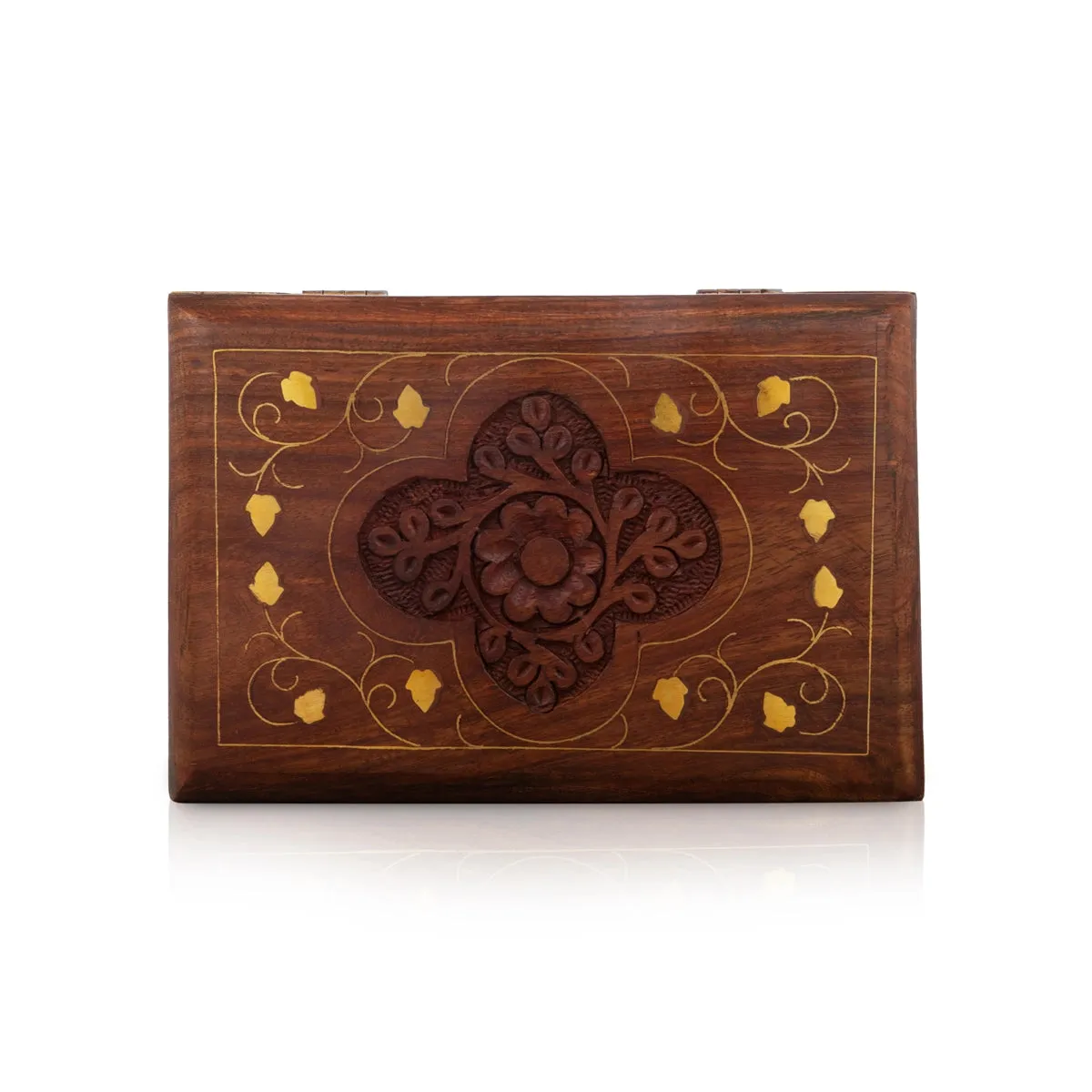 Jewel Box - 2.5 x 4 Inches | Leaf Design Storage Box/ Brass Work Kashmiri Design Wooden Box for Women/ 390 Gms