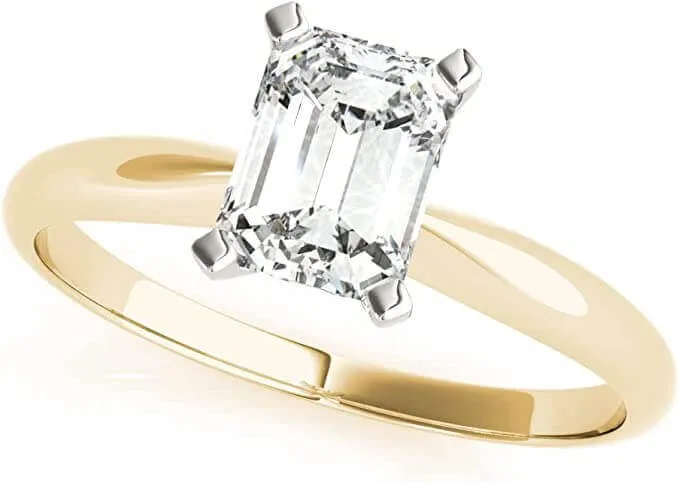 JewelMore 1/4ct Certified 18K-Rose Gold, White Gold & Yellow Gold Emerald-Cut Diamond Solitaire Engagement Ring (H-I/VS2-SI1)