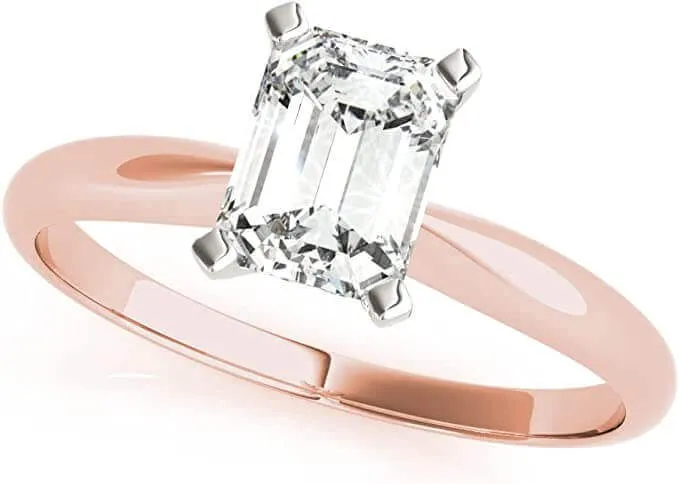 JewelMore 1/4ct Certified 18K-Rose Gold, White Gold & Yellow Gold Emerald-Cut Diamond Solitaire Engagement Ring (H-I/VS2-SI1)