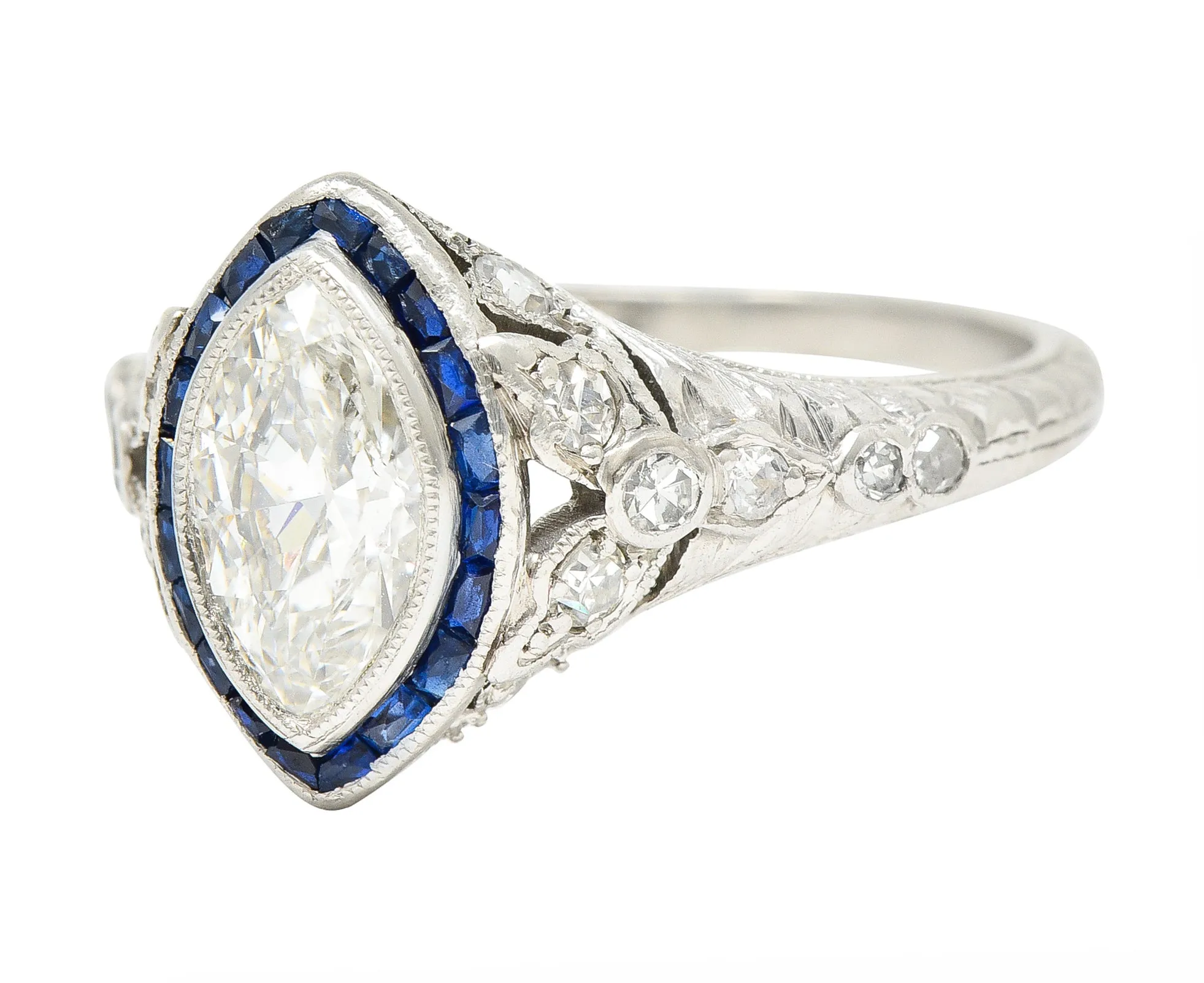 Katz & Ogush Inc. Art Deco 1.88 CTW Marquise Cut Diamond French Cut Sapphire Platinum Holly Halo Engagement Ring