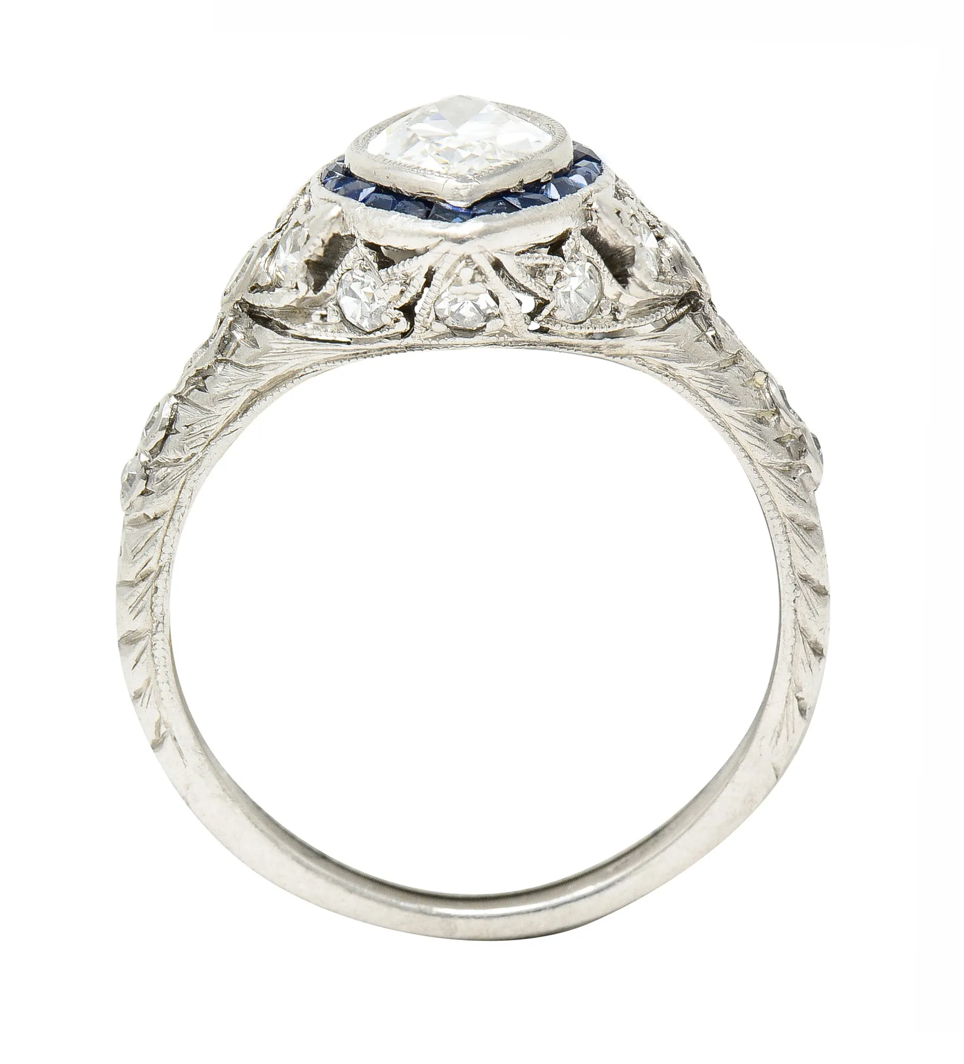 Katz & Ogush Inc. Art Deco 1.88 CTW Marquise Cut Diamond French Cut Sapphire Platinum Holly Halo Engagement Ring