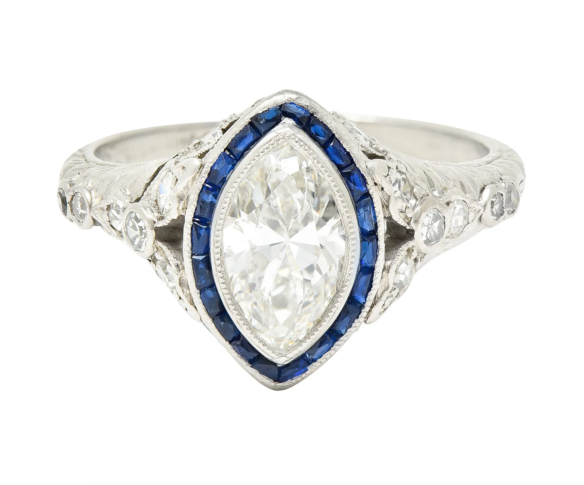 Katz & Ogush Inc. Art Deco 1.88 CTW Marquise Cut Diamond French Cut Sapphire Platinum Holly Halo Engagement Ring