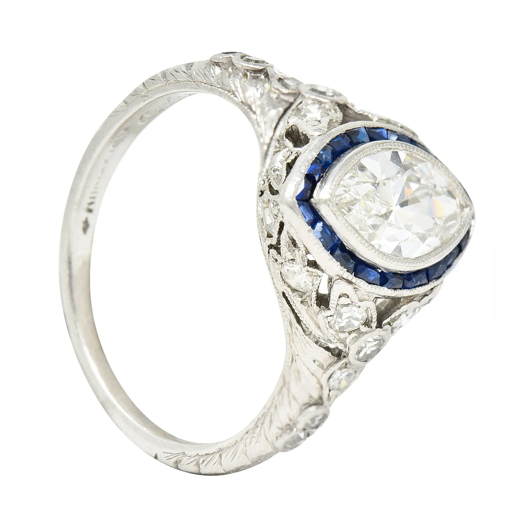 Katz & Ogush Inc. Art Deco 1.88 CTW Marquise Cut Diamond French Cut Sapphire Platinum Holly Halo Engagement Ring