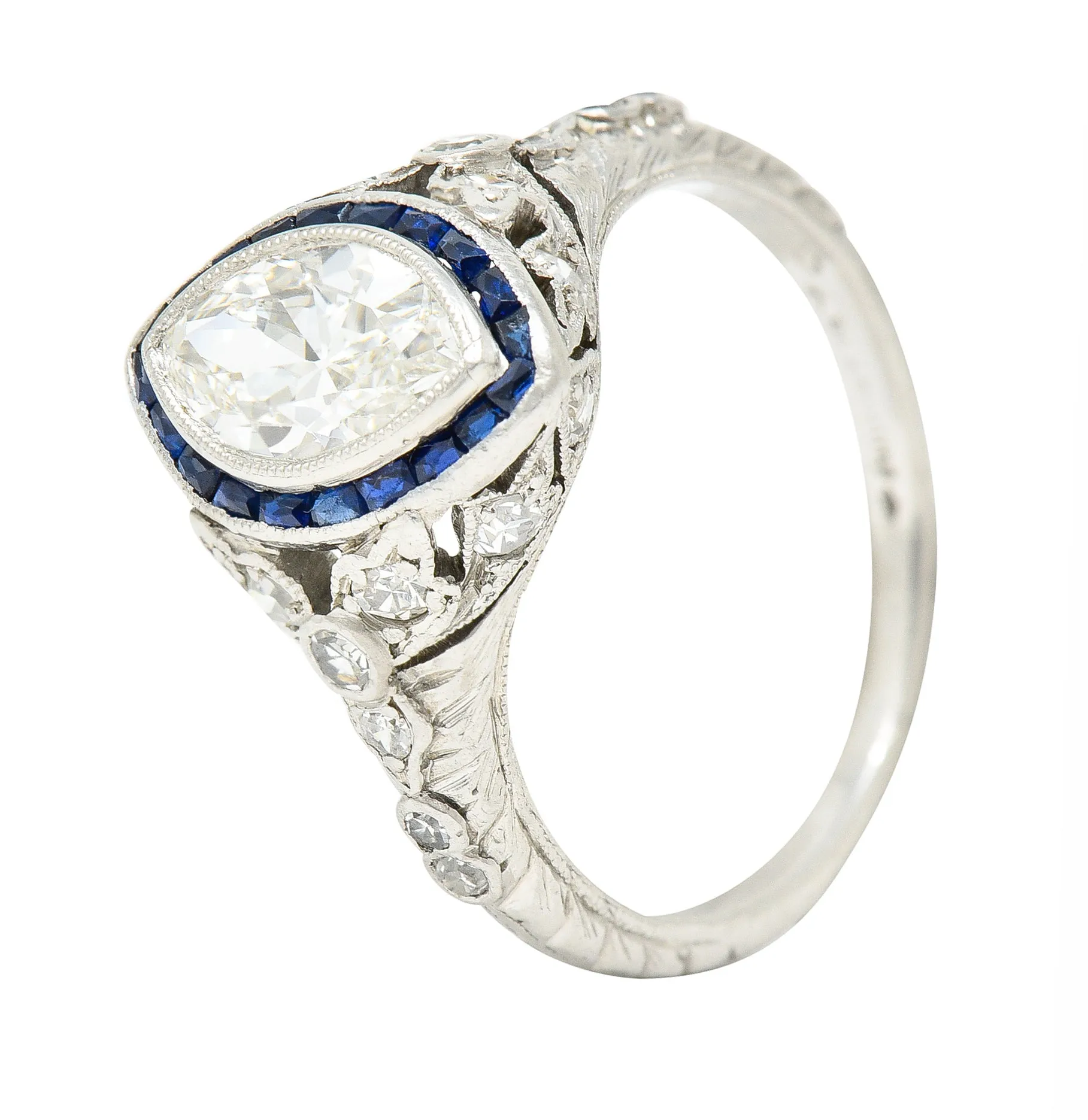 Katz & Ogush Inc. Art Deco 1.88 CTW Marquise Cut Diamond French Cut Sapphire Platinum Holly Halo Engagement Ring