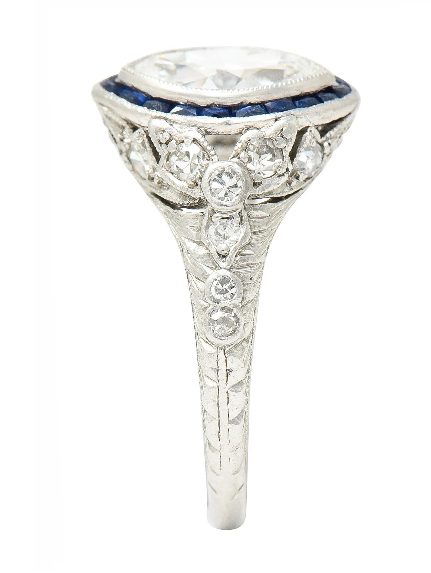 Katz & Ogush Inc. Art Deco 1.88 CTW Marquise Cut Diamond French Cut Sapphire Platinum Holly Halo Engagement Ring