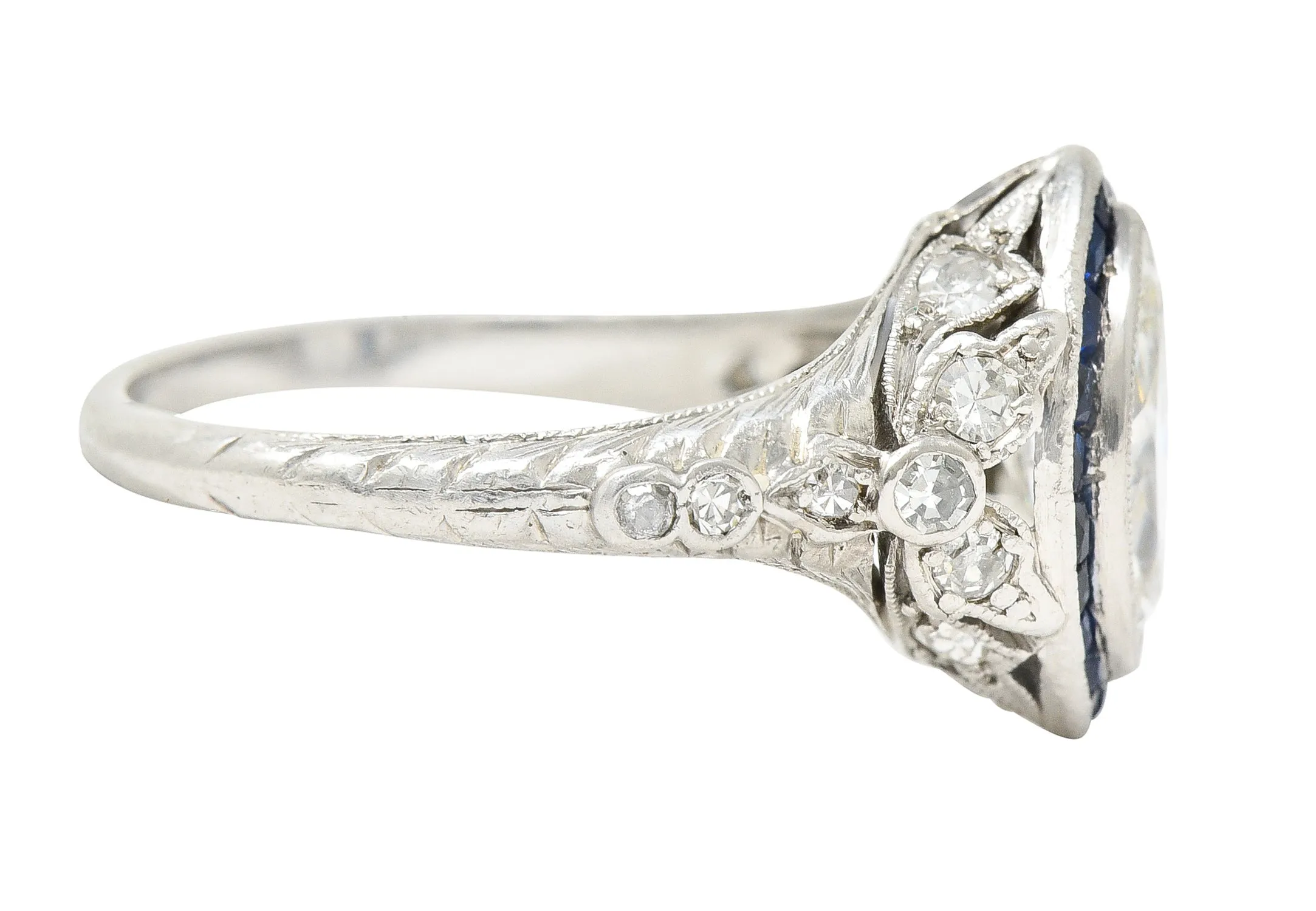 Katz & Ogush Inc. Art Deco 1.88 CTW Marquise Cut Diamond French Cut Sapphire Platinum Holly Halo Engagement Ring