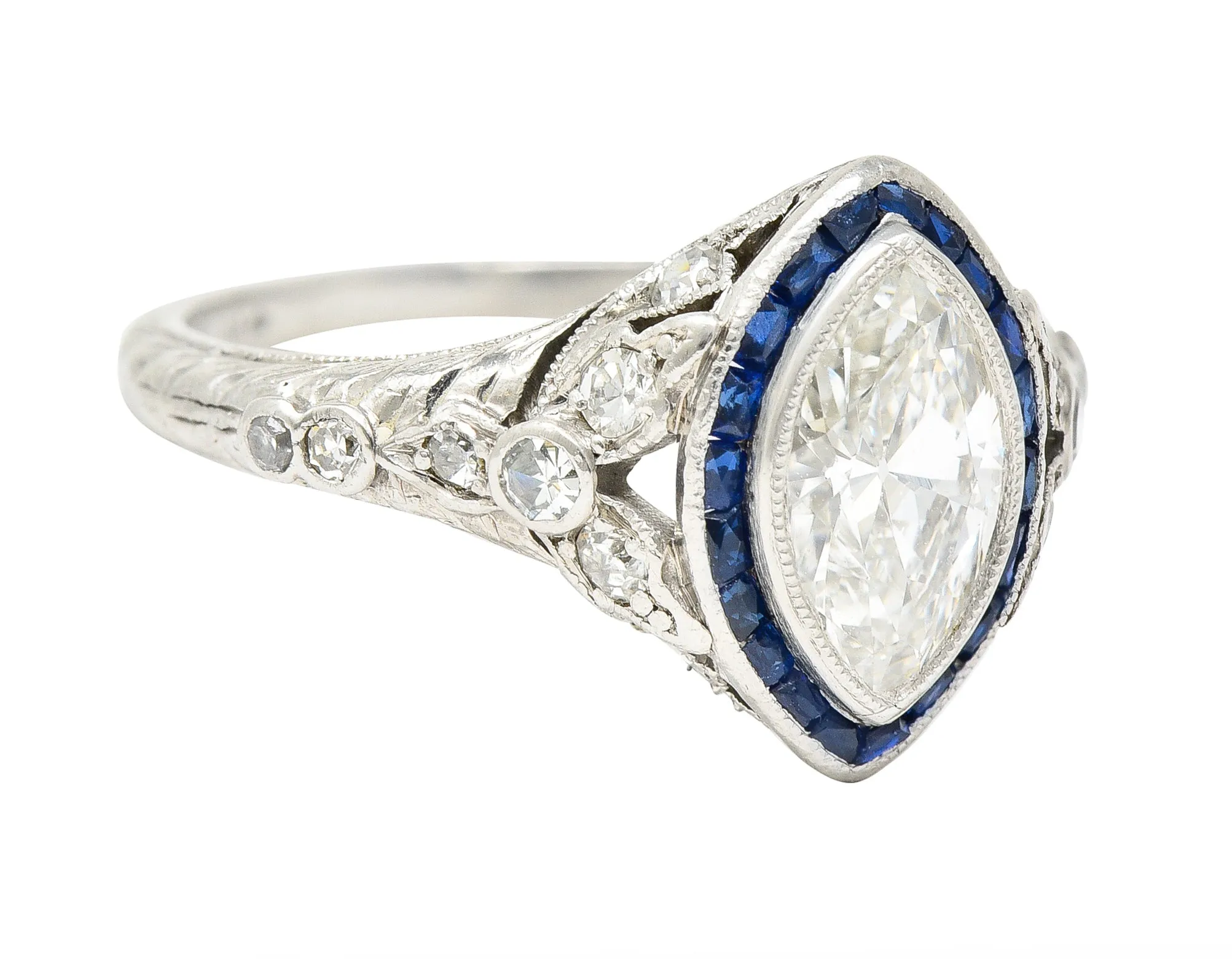 Katz & Ogush Inc. Art Deco 1.88 CTW Marquise Cut Diamond French Cut Sapphire Platinum Holly Halo Engagement Ring