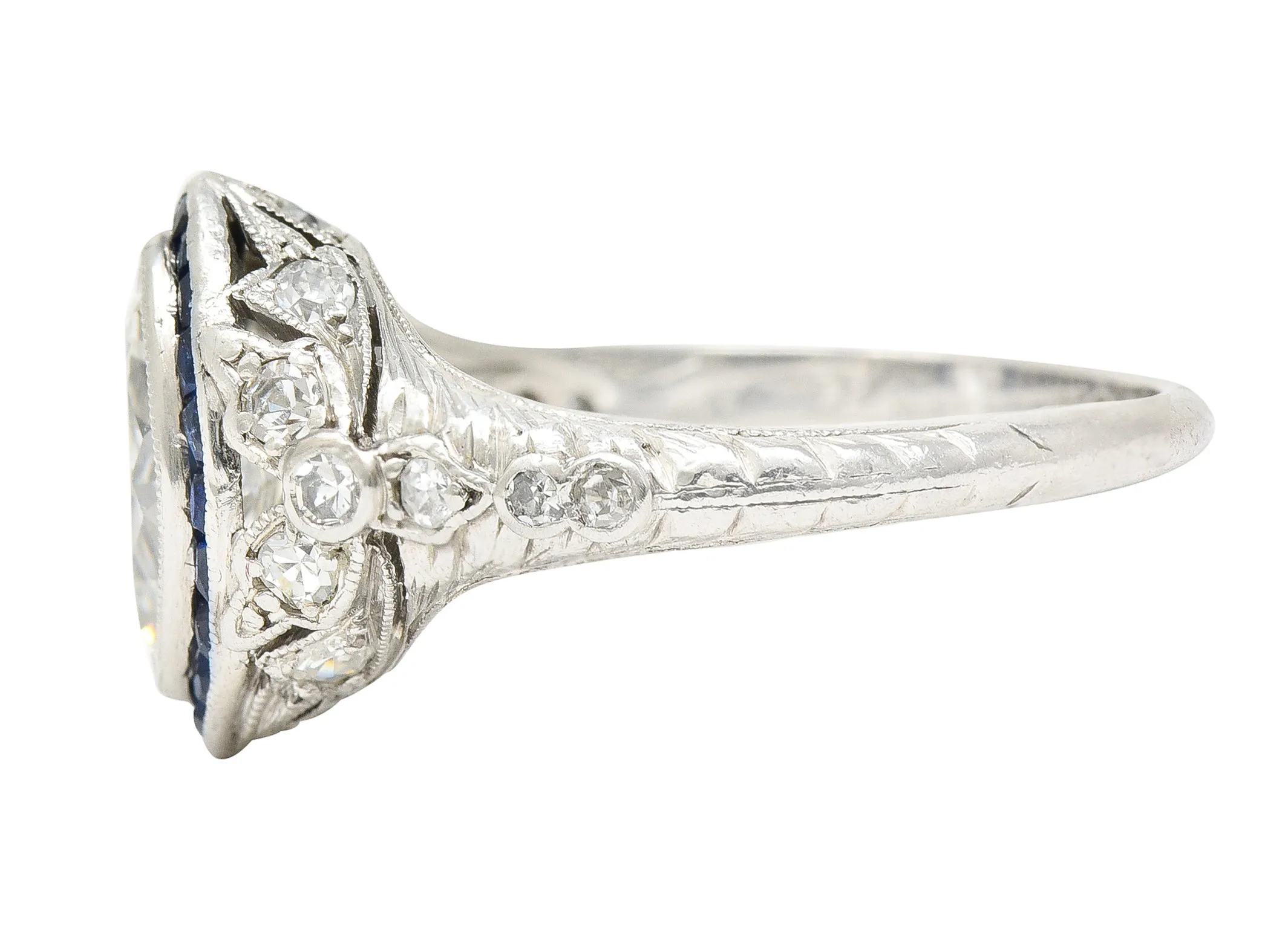 Katz & Ogush Inc. Art Deco 1.88 CTW Marquise Cut Diamond French Cut Sapphire Platinum Holly Halo Engagement Ring