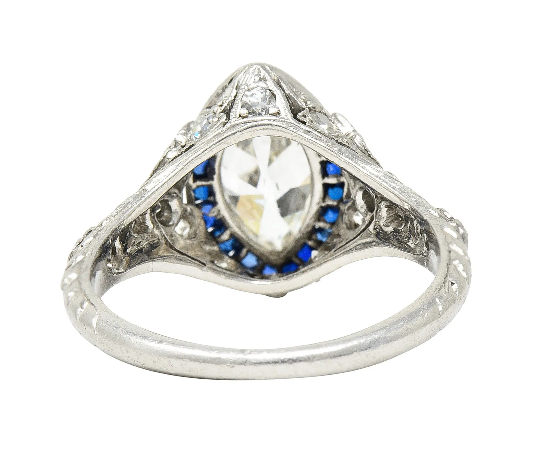 Katz & Ogush Inc. Art Deco 1.88 CTW Marquise Cut Diamond French Cut Sapphire Platinum Holly Halo Engagement Ring