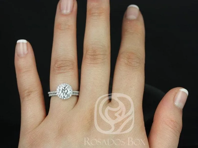 Kimberly 7.5mm 14kt White Gold Round Moissanite and Diamond Halo Bridal Set