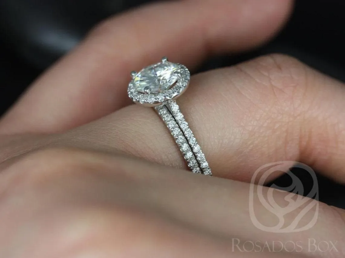 Kimberly 7.5mm 14kt White Gold Round Moissanite and Diamond Halo Bridal Set