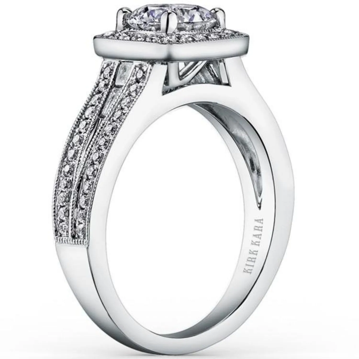 Kirk Kara "Carmella" Cushion Halo Vintage Style Diamond Engagement Ring