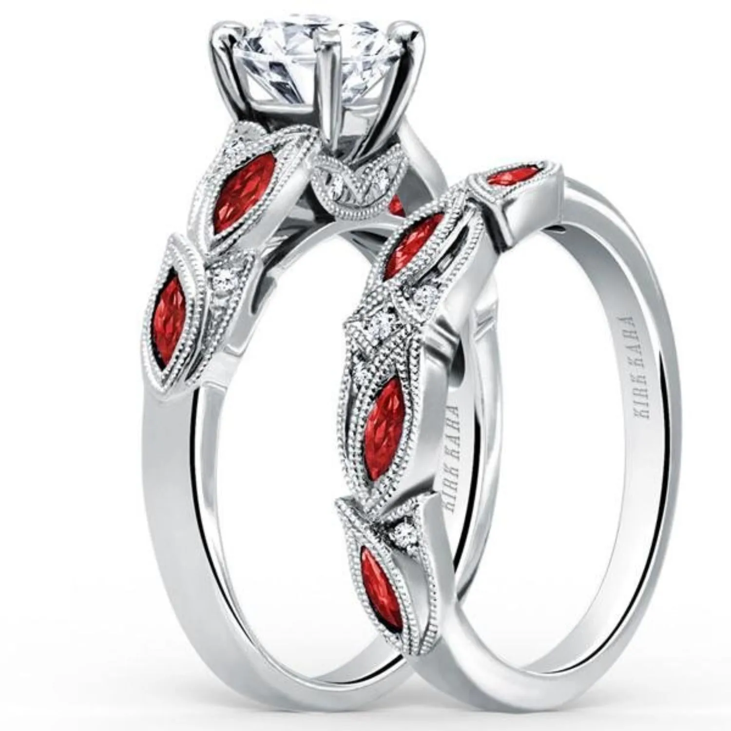 Kirk Kara "Dahlia" Marquise Cut Leaf Red Ruby Engagement Ring