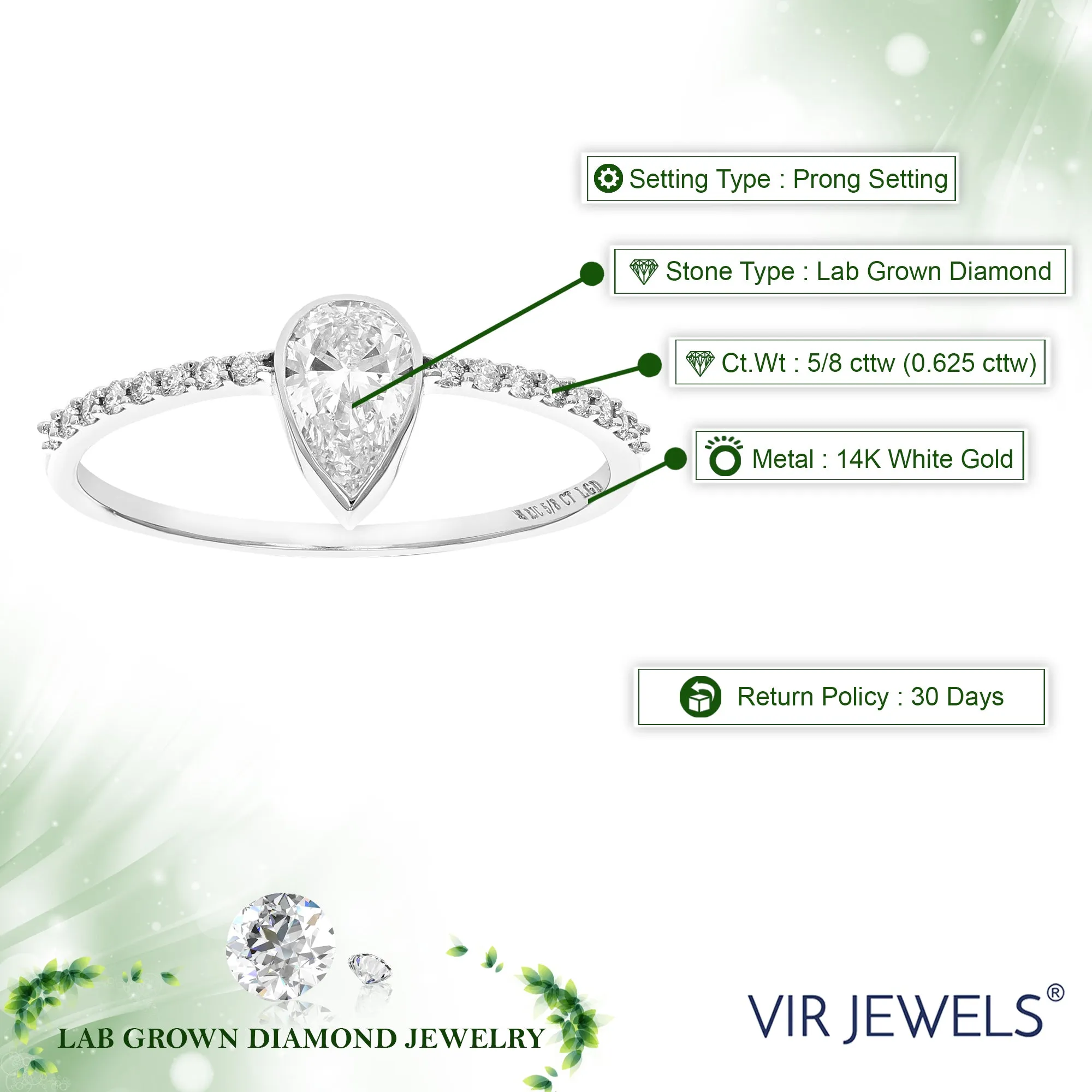 Lab Grown Diamond South North Pear Wedding Ring 14K White Gold