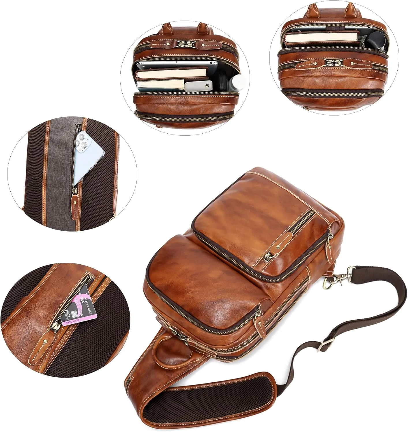 LANNSYNE Full Grain Leather Sling Bag For Men