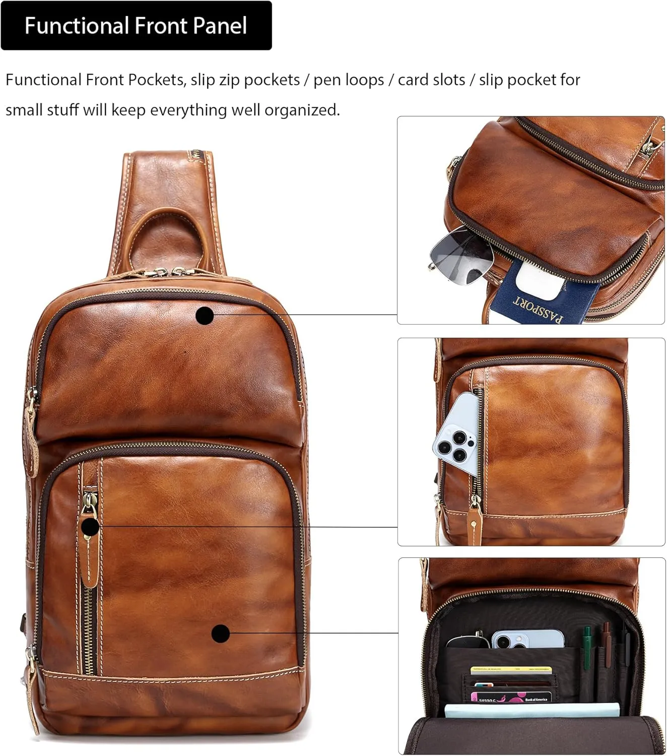 LANNSYNE Full Grain Leather Sling Bag For Men