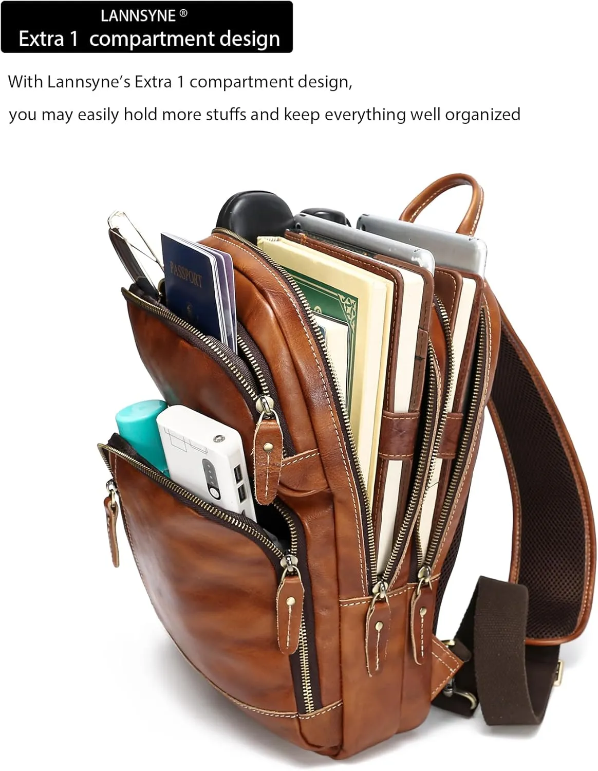 LANNSYNE Full Grain Leather Sling Bag For Men