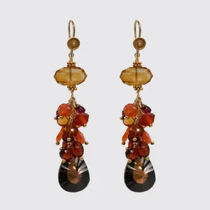Long Cluster Earring: Faceted Hessonite, Carnelian, Smokey Topaz