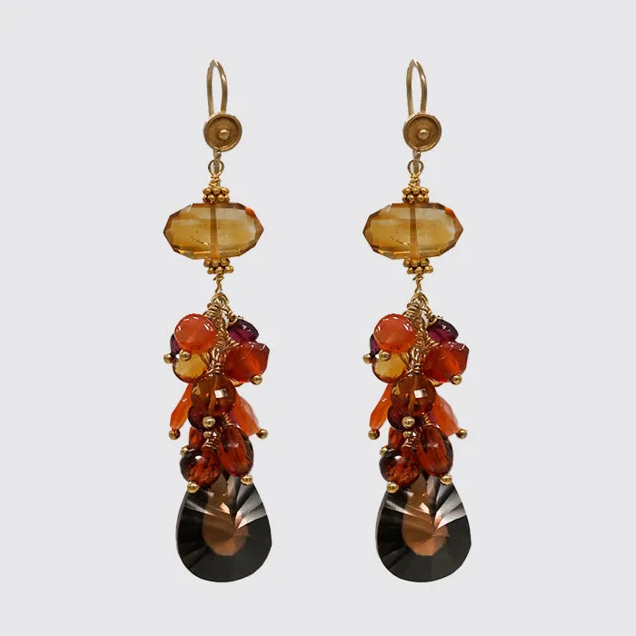 Long Cluster Earring: Faceted Hessonite, Carnelian, Smokey Topaz