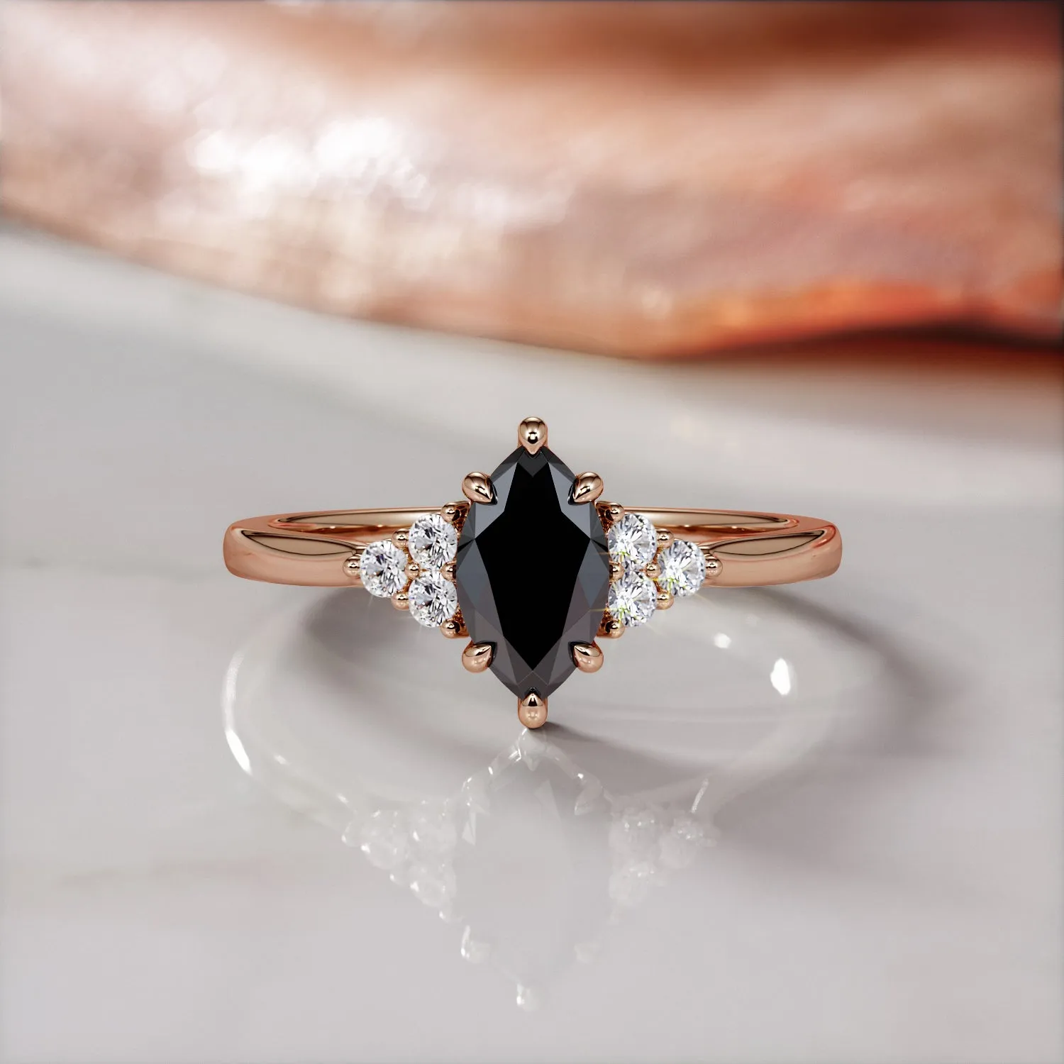 Lune Mystique - Art-Deco  Natural Black Diamond Marquise Engagement Ring
