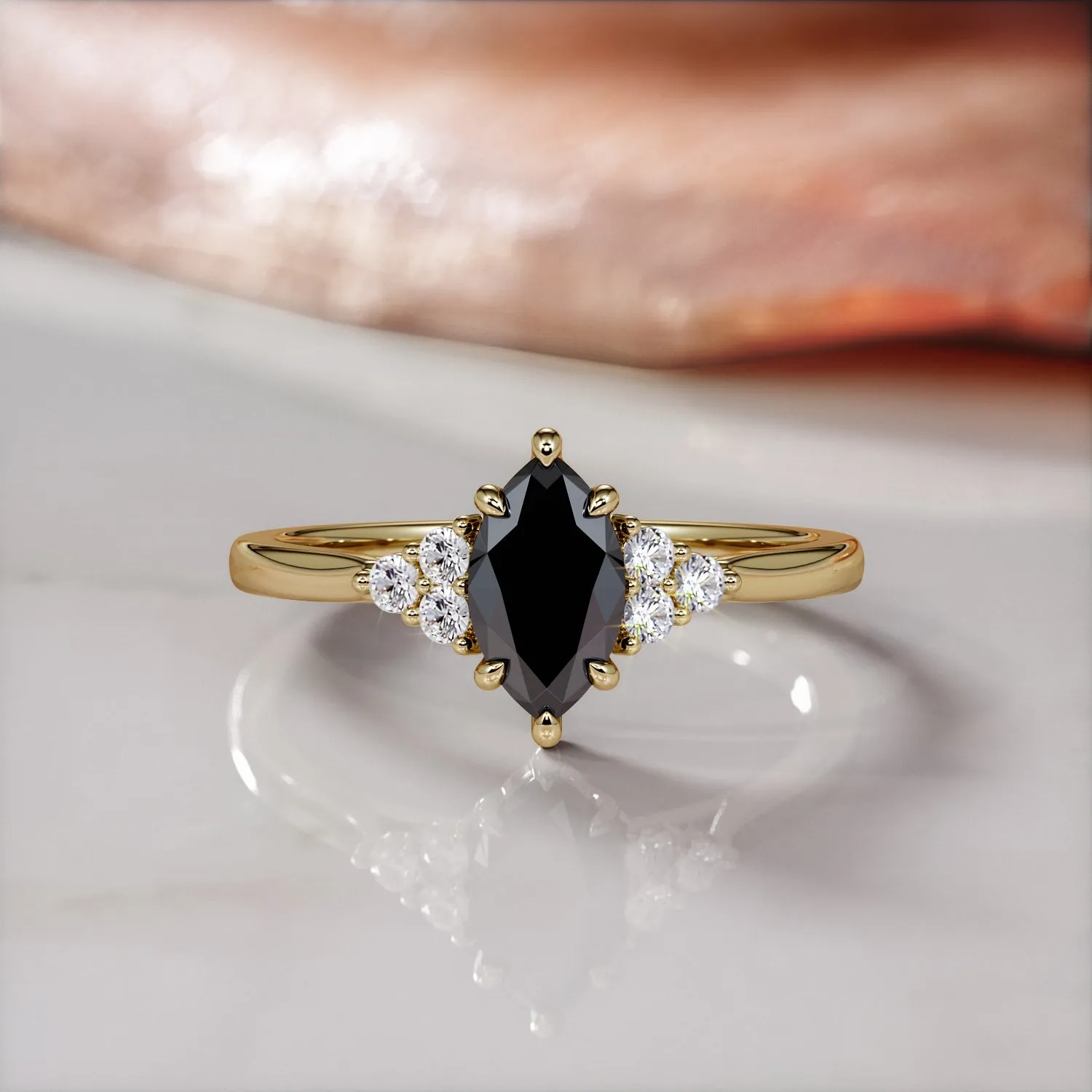 Lune Mystique - Art-Deco  Natural Black Diamond Marquise Engagement Ring