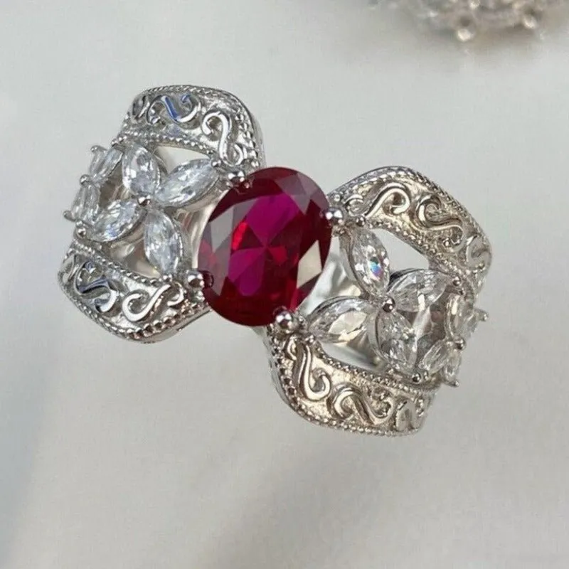 Luxury Red Ruby Crown Ring Woman Engagement Fine Jewelry