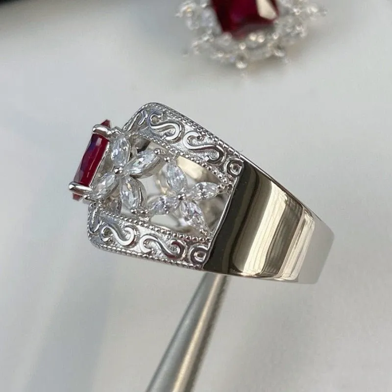 Luxury Red Ruby Crown Ring Woman Engagement Fine Jewelry