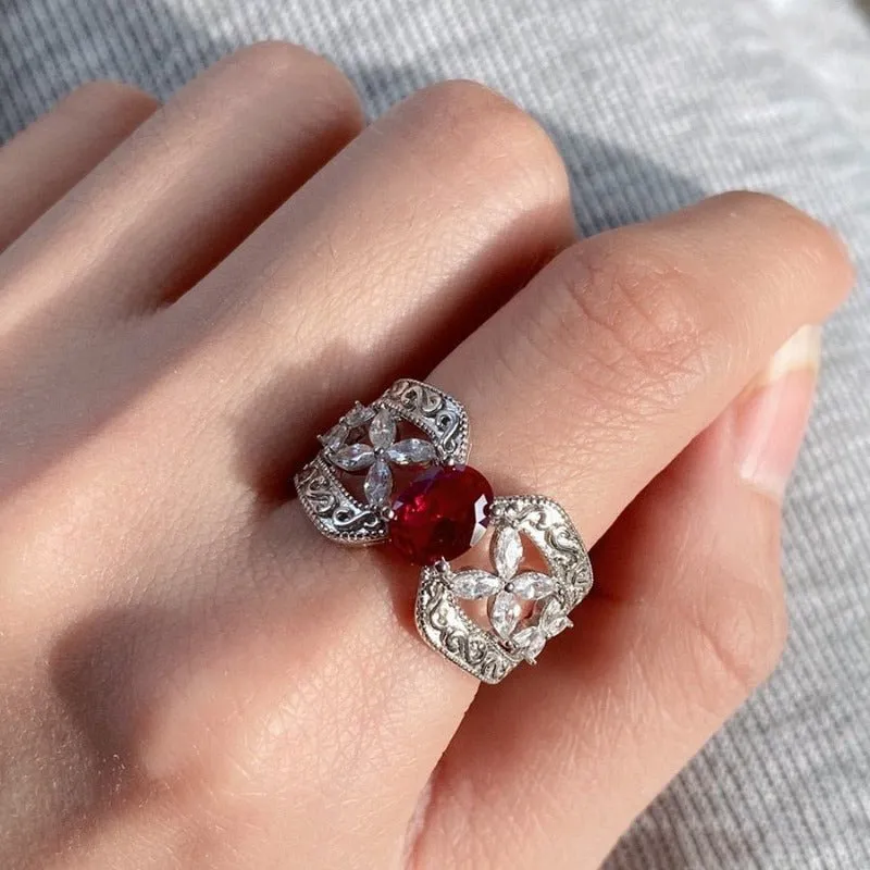 Luxury Red Ruby Crown Ring Woman Engagement Fine Jewelry