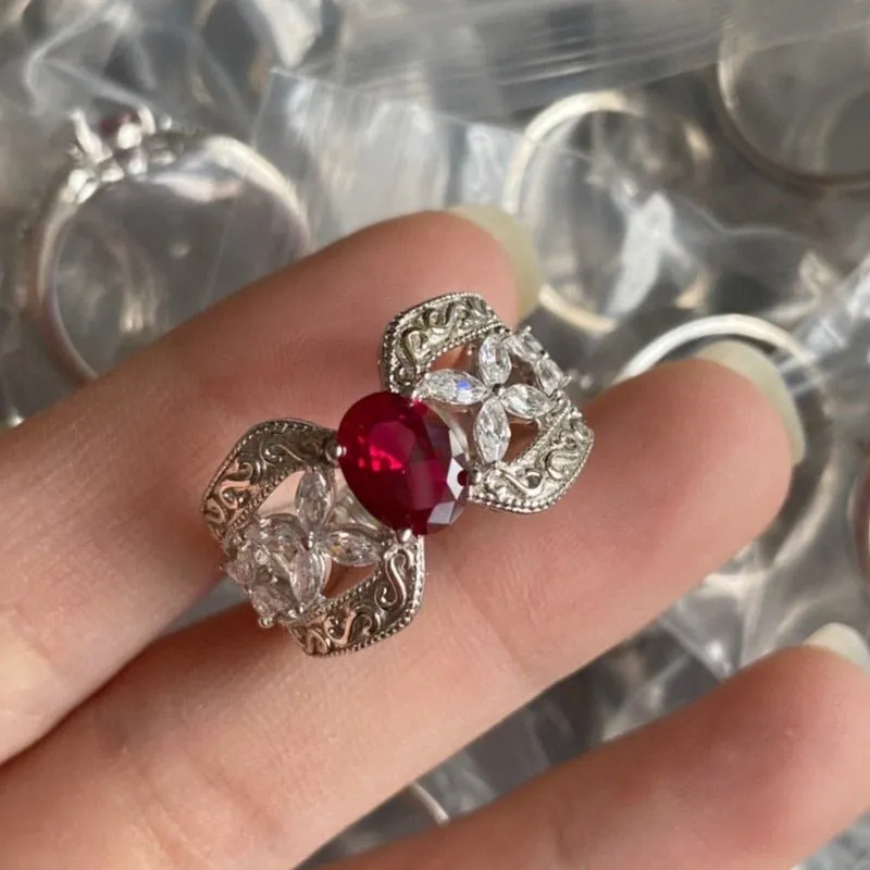 Luxury Red Ruby Crown Ring Woman Engagement Fine Jewelry