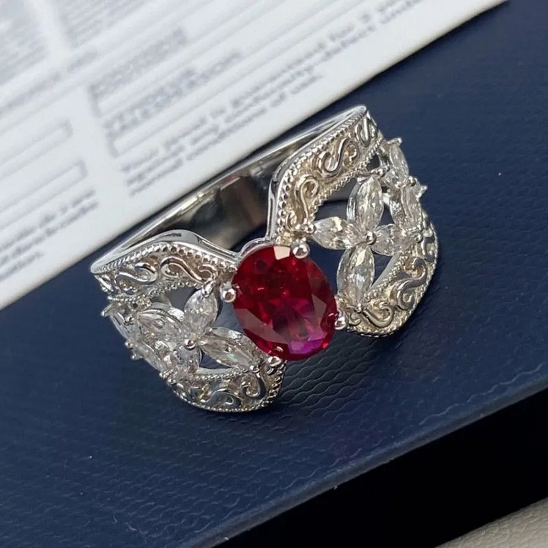 Luxury Red Ruby Crown Ring Woman Engagement Fine Jewelry