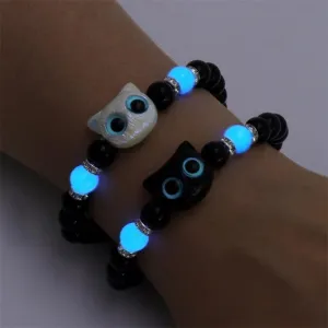 Matching Couple Bracelets - Luminous Black White Cat Head Bangles for Women Men - Glow-in-the-Dark Friendship Gift