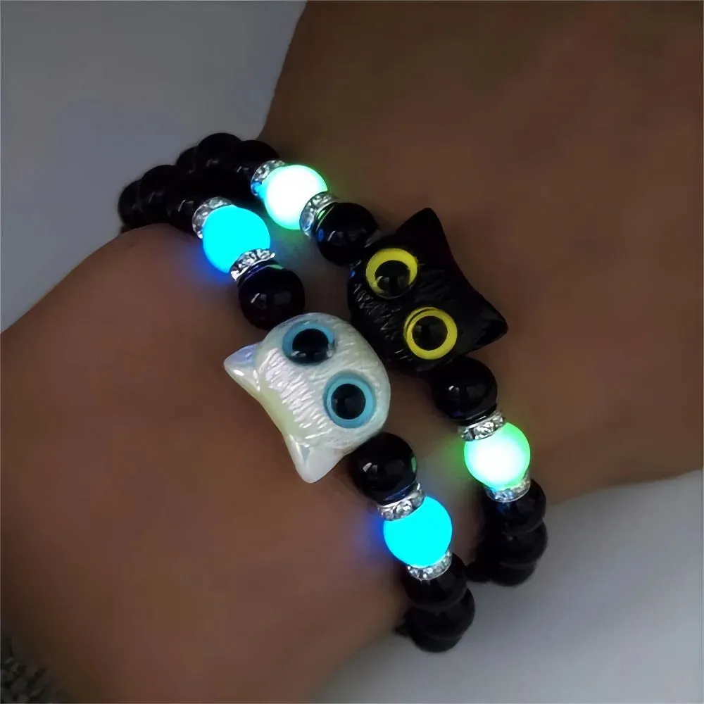 Matching Couple Bracelets - Luminous Black White Cat Head Bangles for Women Men - Glow-in-the-Dark Friendship Gift