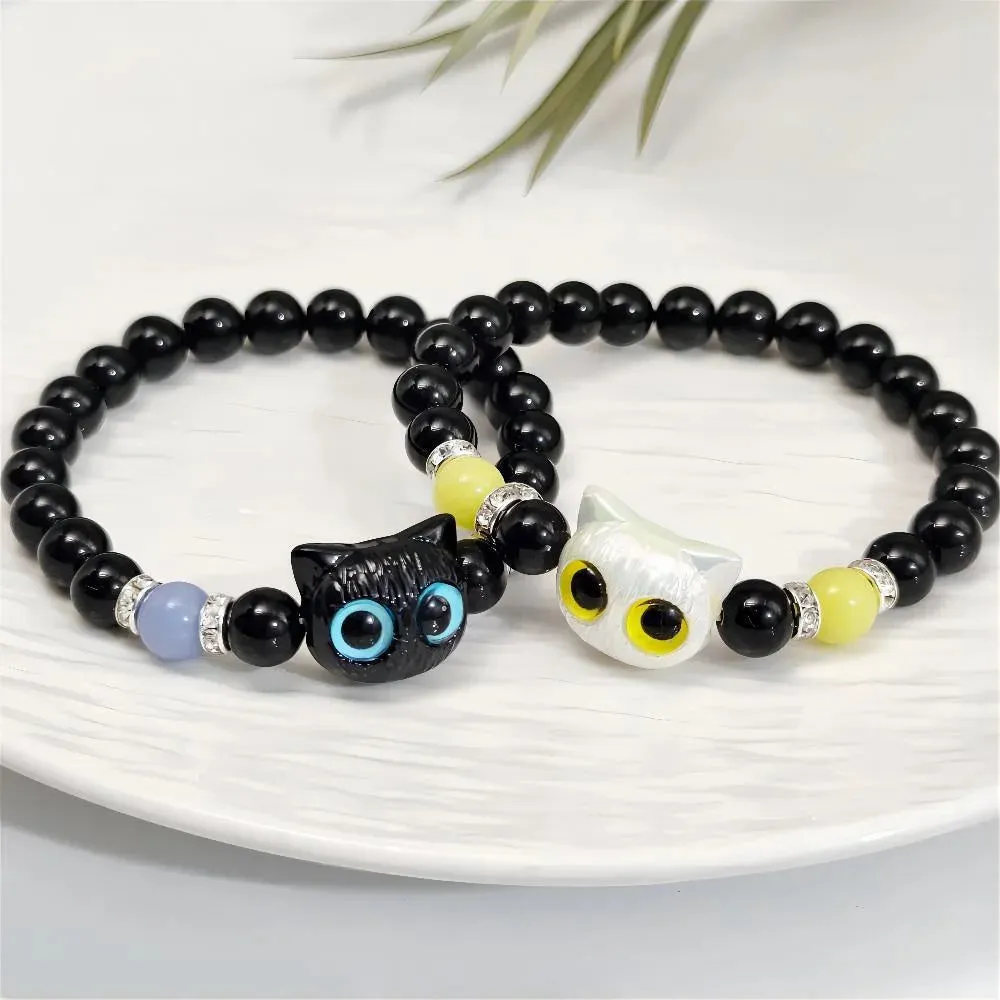 Matching Couple Bracelets - Luminous Black White Cat Head Bangles for Women Men - Glow-in-the-Dark Friendship Gift
