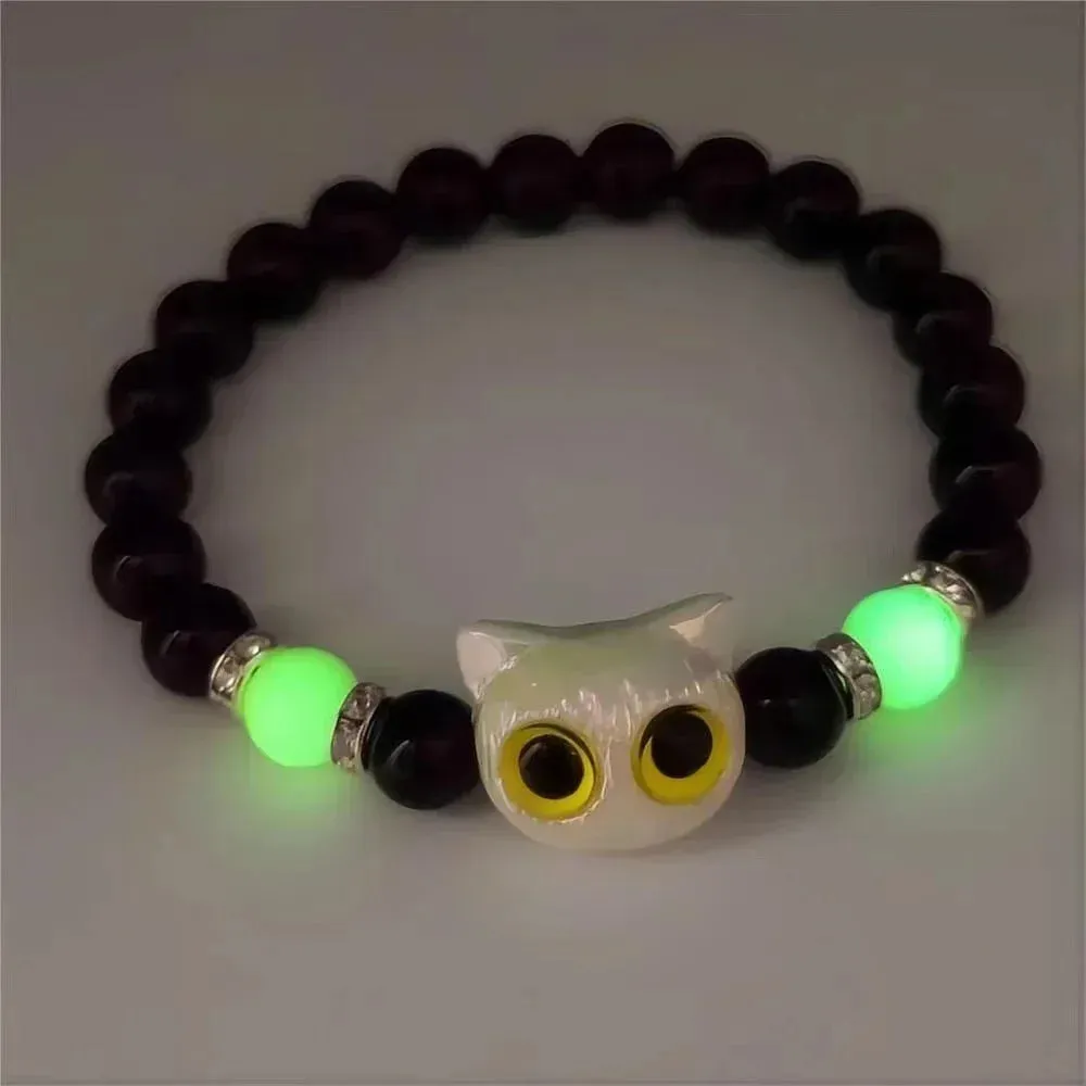 Matching Couple Bracelets - Luminous Black White Cat Head Bangles for Women Men - Glow-in-the-Dark Friendship Gift