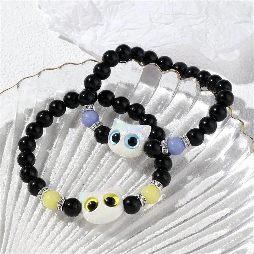 Matching Couple Bracelets - Luminous Black White Cat Head Bangles for Women Men - Glow-in-the-Dark Friendship Gift