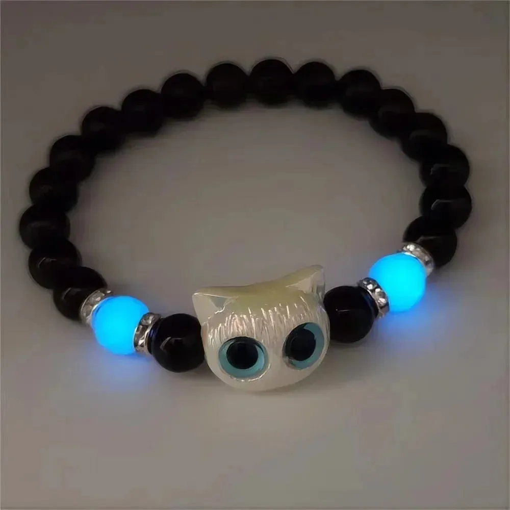 Matching Couple Bracelets - Luminous Black White Cat Head Bangles for Women Men - Glow-in-the-Dark Friendship Gift