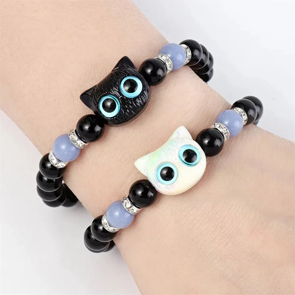 Matching Couple Bracelets - Luminous Black White Cat Head Bangles for Women Men - Glow-in-the-Dark Friendship Gift