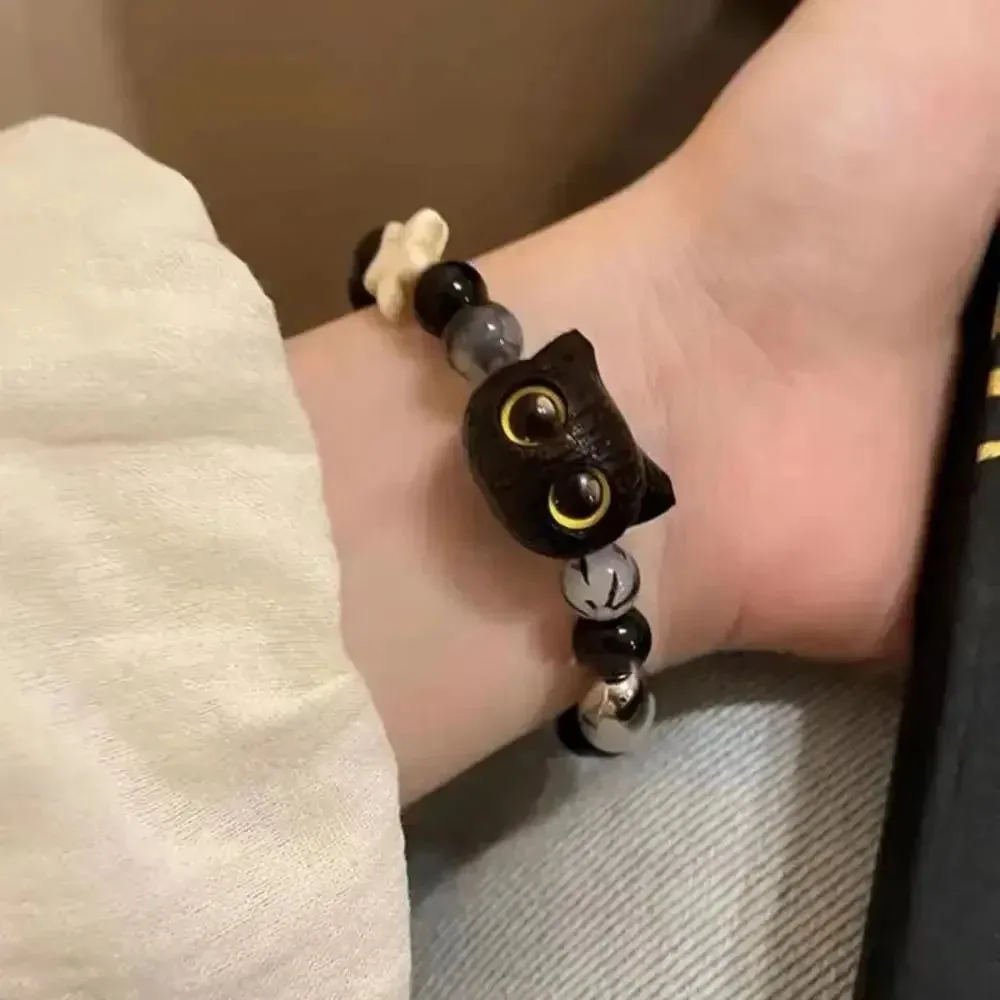 Matching Couple Bracelets - Luminous Black White Cat Head Bangles for Women Men - Glow-in-the-Dark Friendship Gift