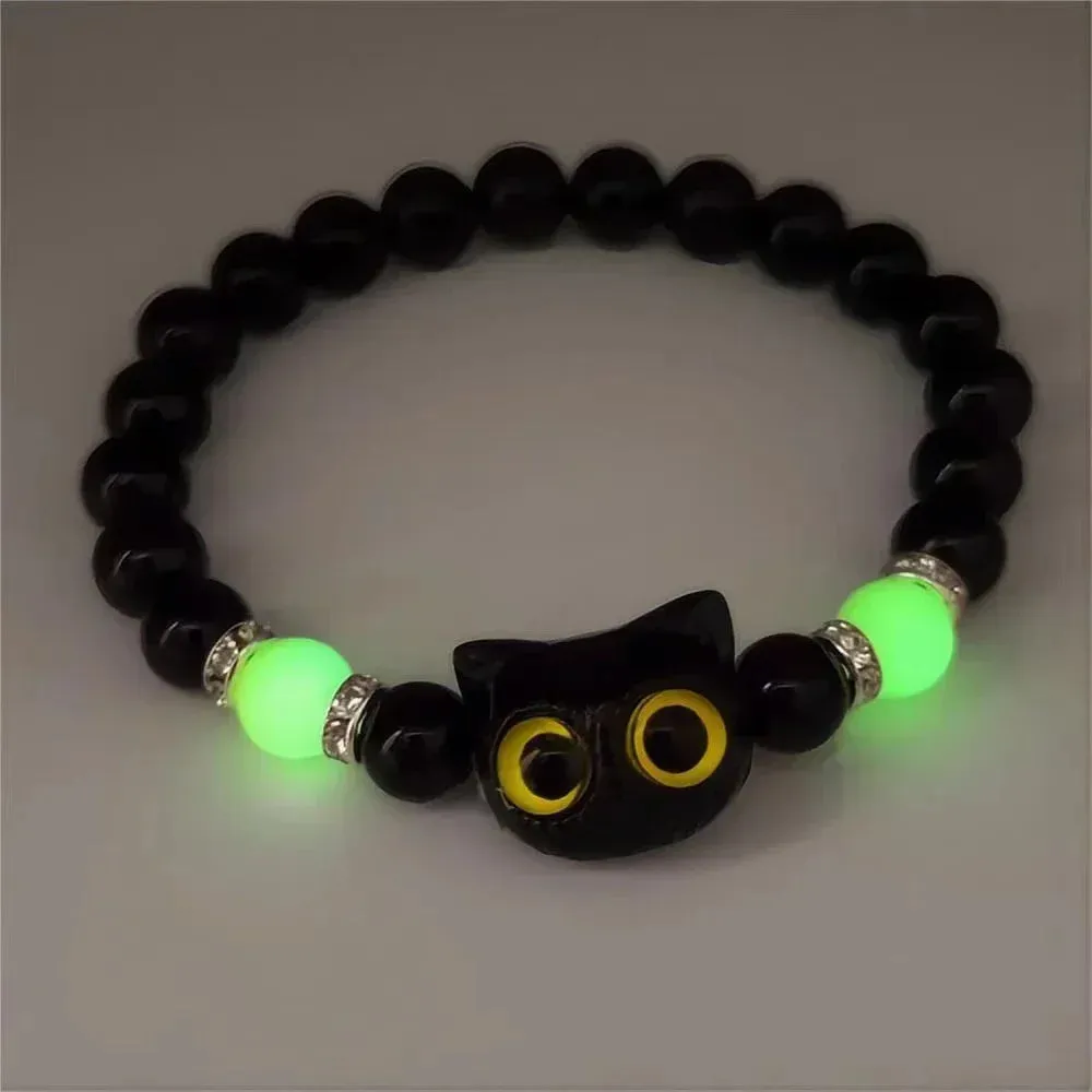 Matching Couple Bracelets - Luminous Black White Cat Head Bangles for Women Men - Glow-in-the-Dark Friendship Gift